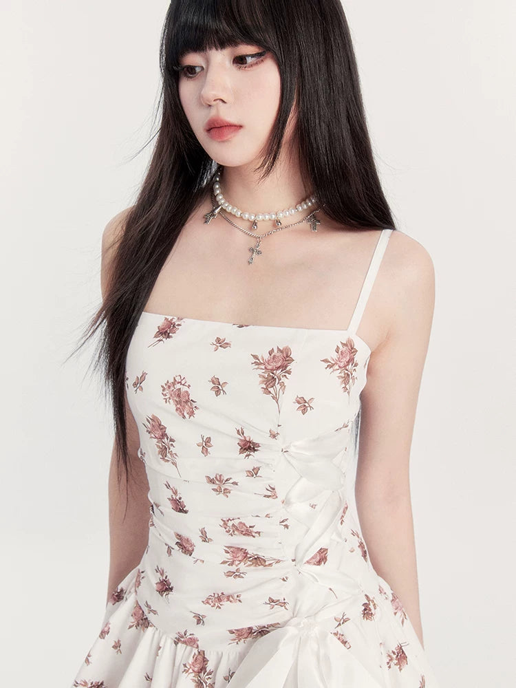 Dream French Floral Bow Waist Puff Dress