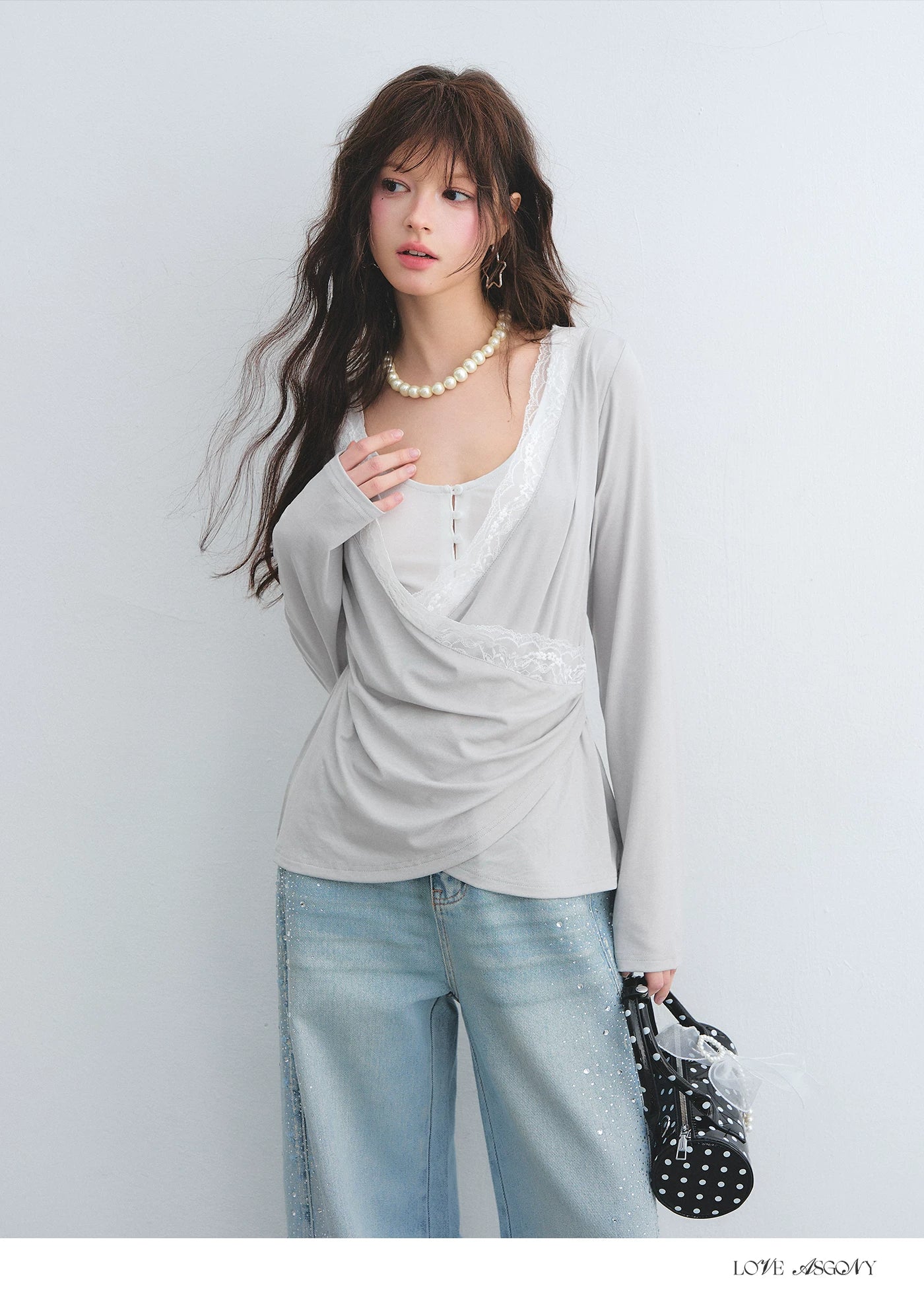 Tencel Lace Contrast Layered Cross-Drape Blouse