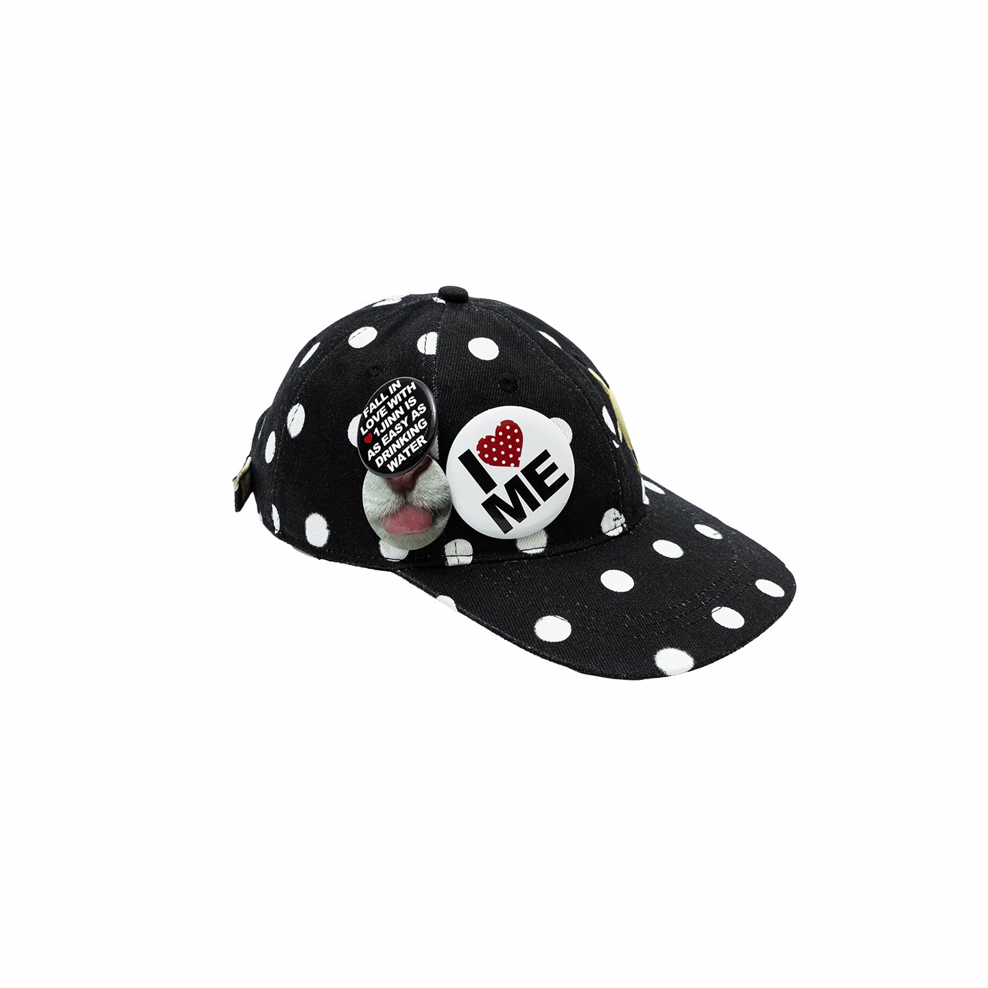 Badge-Embellished Black &amp; White Polka Dot Canvas Flat-Brim Baseball Cap - CHINASQUAD