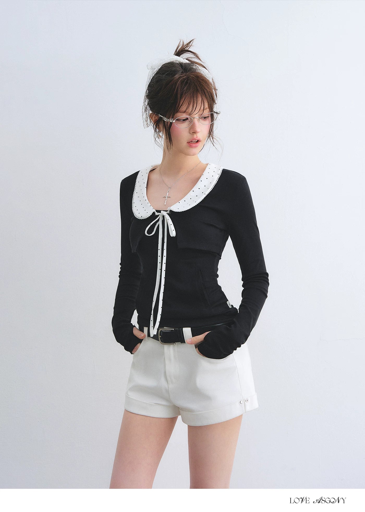 Polka Dot Lace Collar Long Sleeve Cardigan &amp; Cami Two-Piece Set