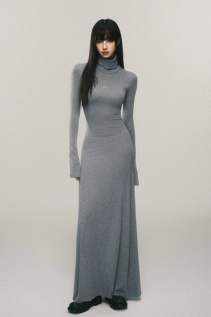 Slim-Fit Turtleneck Flared-Sleeve Knit Dress