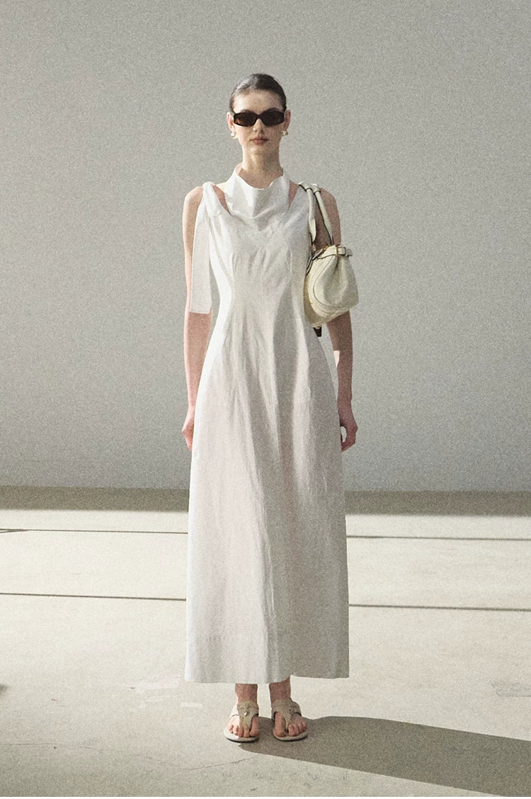 Halterneck Cotton Cinched-Waist Maxi Dress
