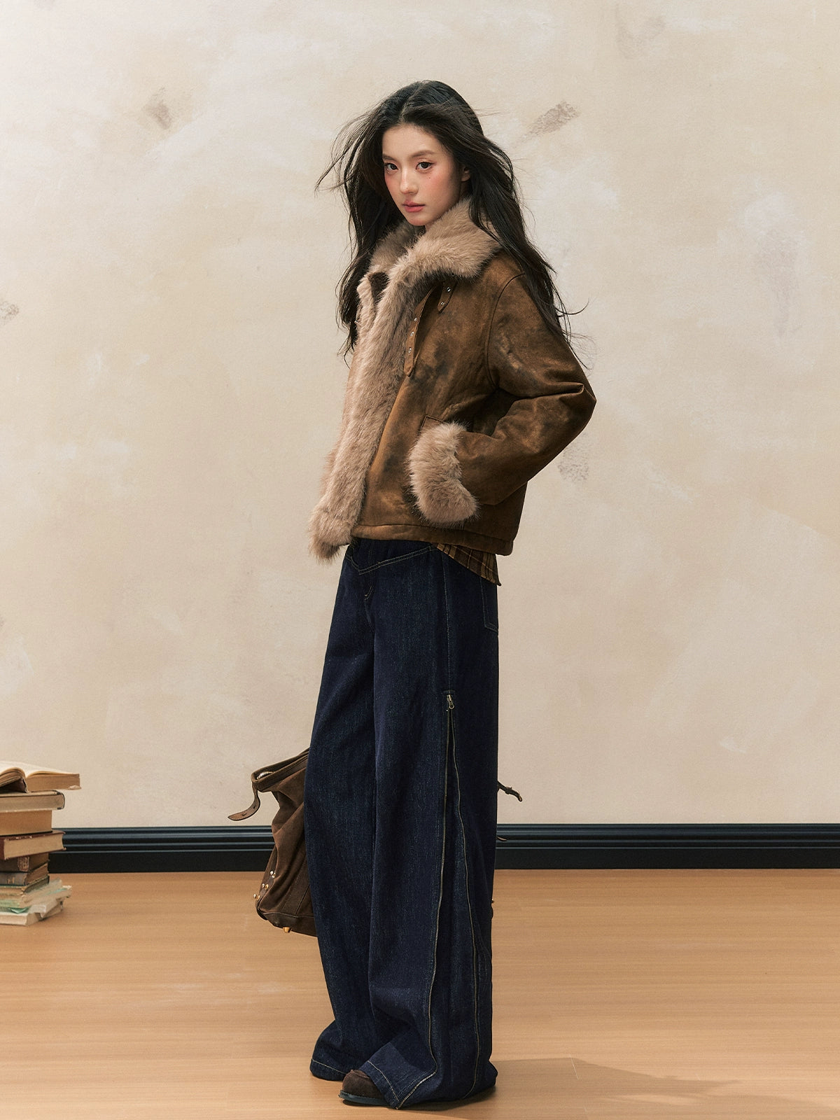 Blue High-Waist Side-Zip Denim Fleece-lined Wide-Leg Pants