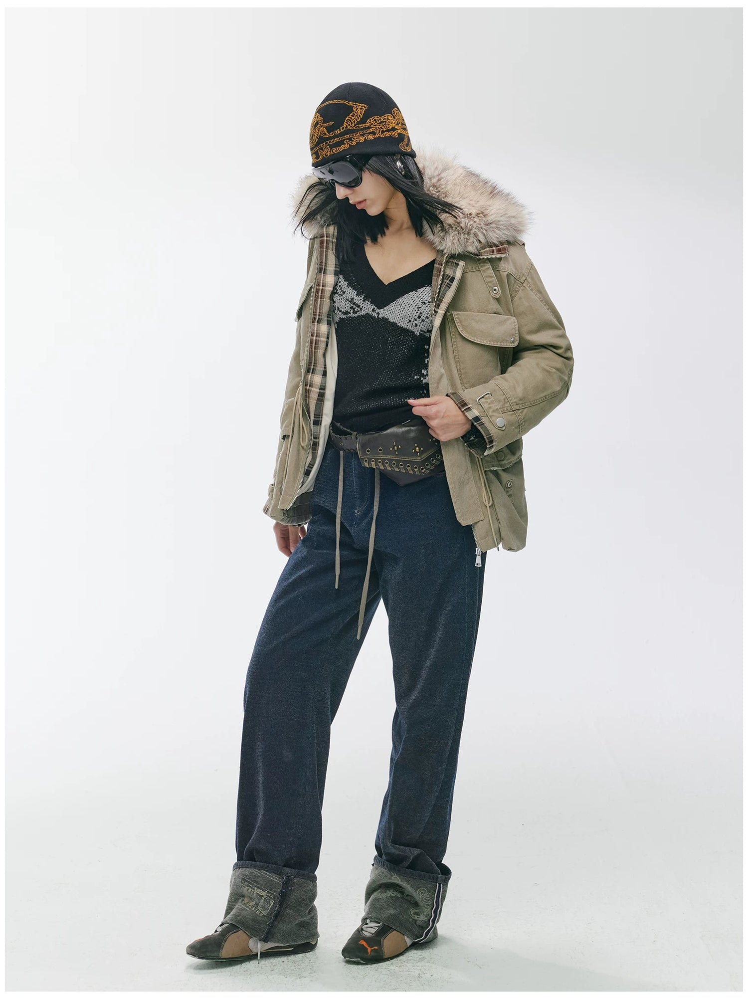 Detachable Fur Collar Utility Down Jacket