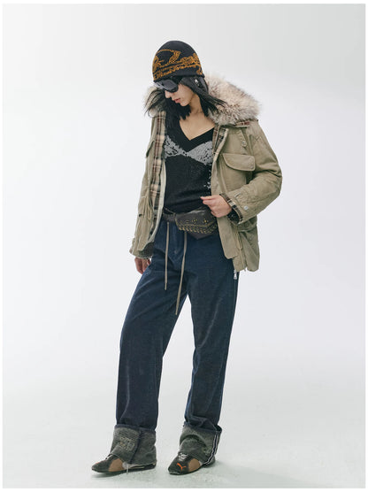 Detachable Fur Collar Utility Down Jacket