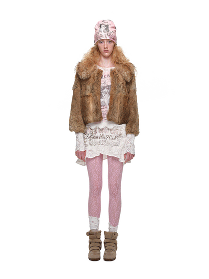 Chaqueta corta de cuello de piel de conejo 100% angora