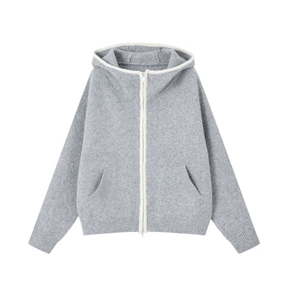 Relaxed Contrast-Trim Hooded Zip Cardigan