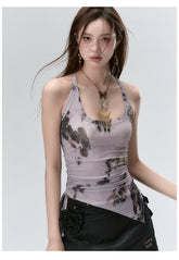 Purple & Grey Butterfly Print Irregular Strappy Vest - CHINASQUAD