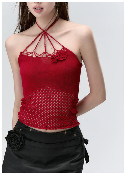 Rose Knitted Hollow Out Spaghetti Strap Tank Top - CHINASQUAD