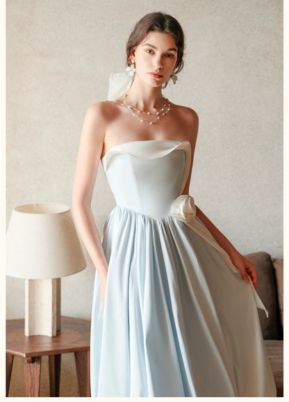 Satin Floral Bubble Hem Strapless Dress