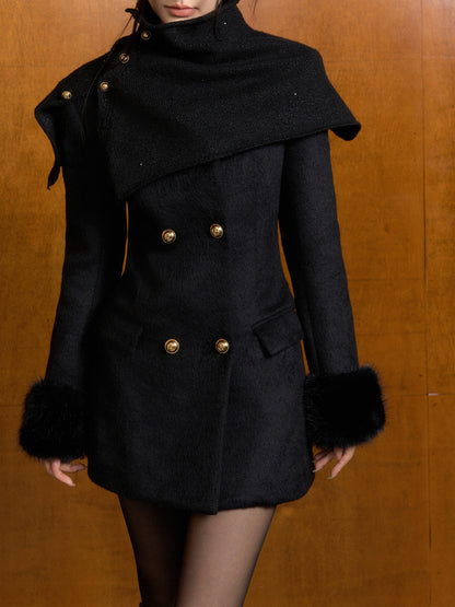 Short Slim Wool Coat with Detachable Faux Fur