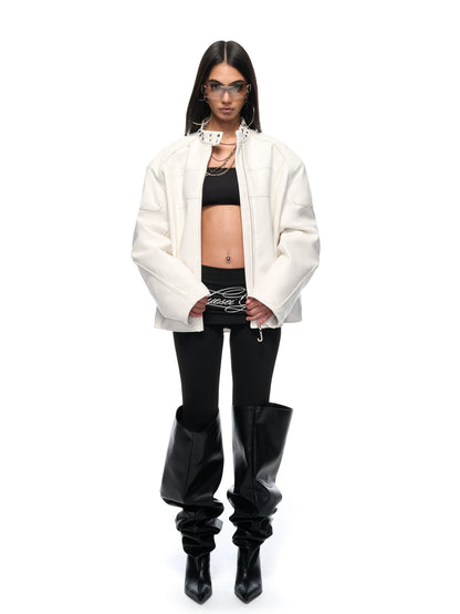 White Studded Stand-Collar Oversized Jacket