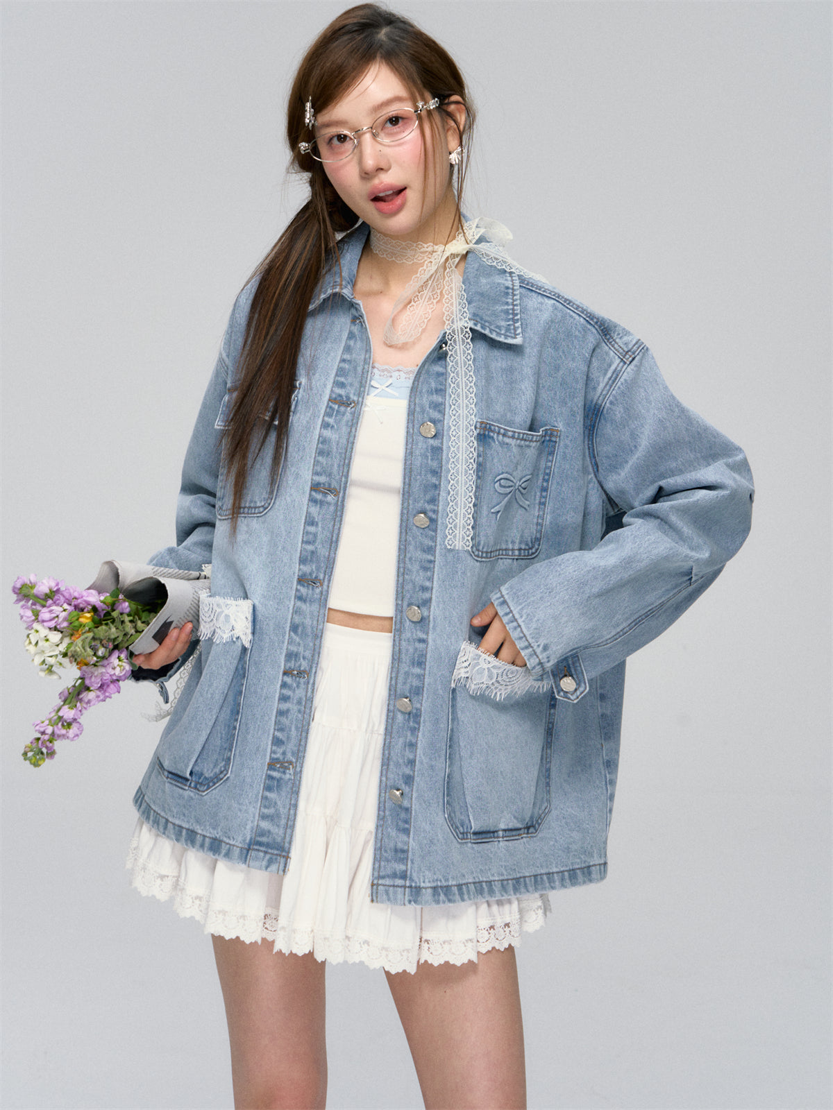 Lace-Patchwork Utility Pocket Denim Jacket