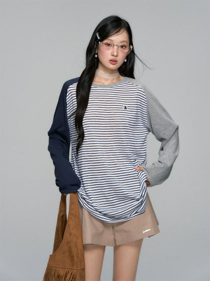Color-block Striped Round-neck T-shirt