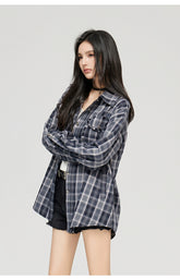 Plaid Hooded Oversized Shirt - CHINASQUAD