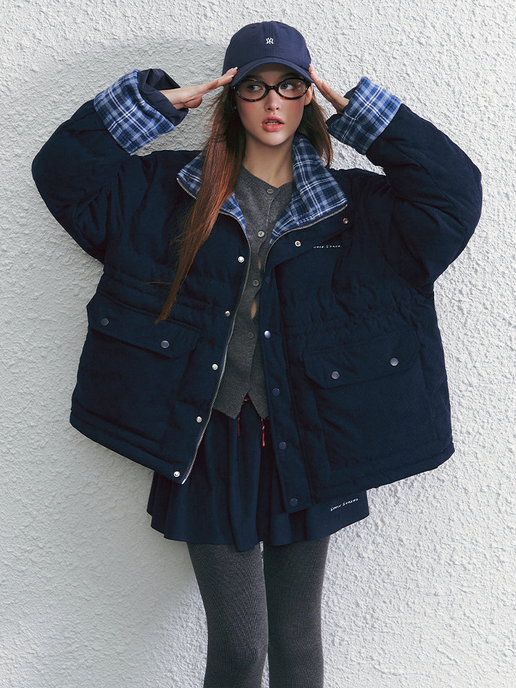 Color-block Plaid Spliced Cotton Jacket