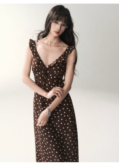 Chocolate Polka Dot French Slim-Fit Slip Maxi Dress
