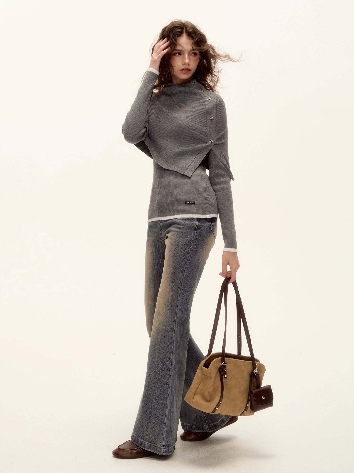 Textured Washed Flared Stretch Denim Pants