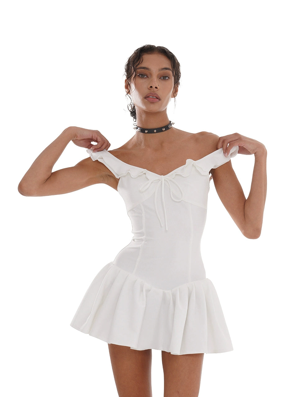 High Elastic Ruffled Waist Skater Mini Dress