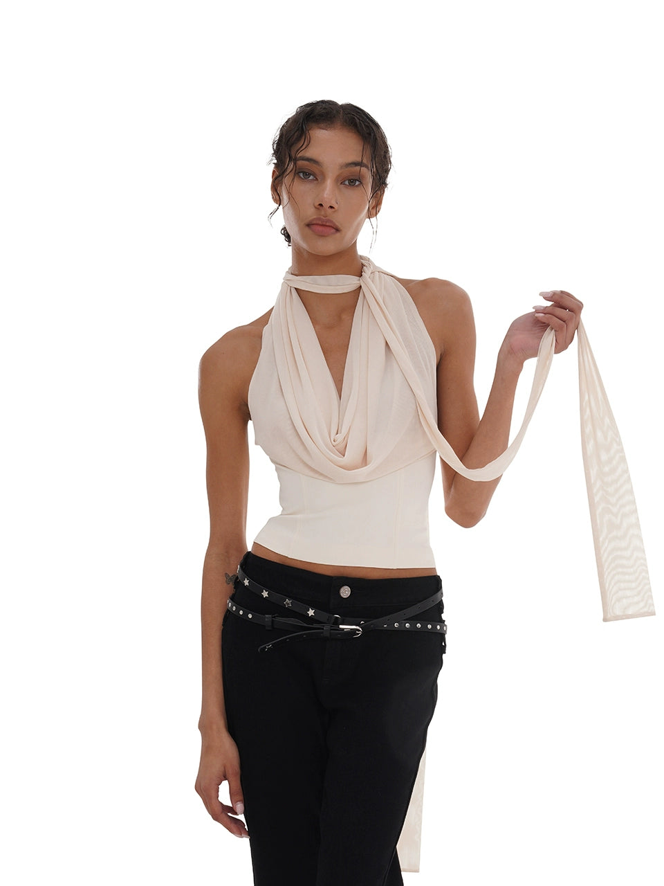 Halter Mesh Cowl-Neck Top