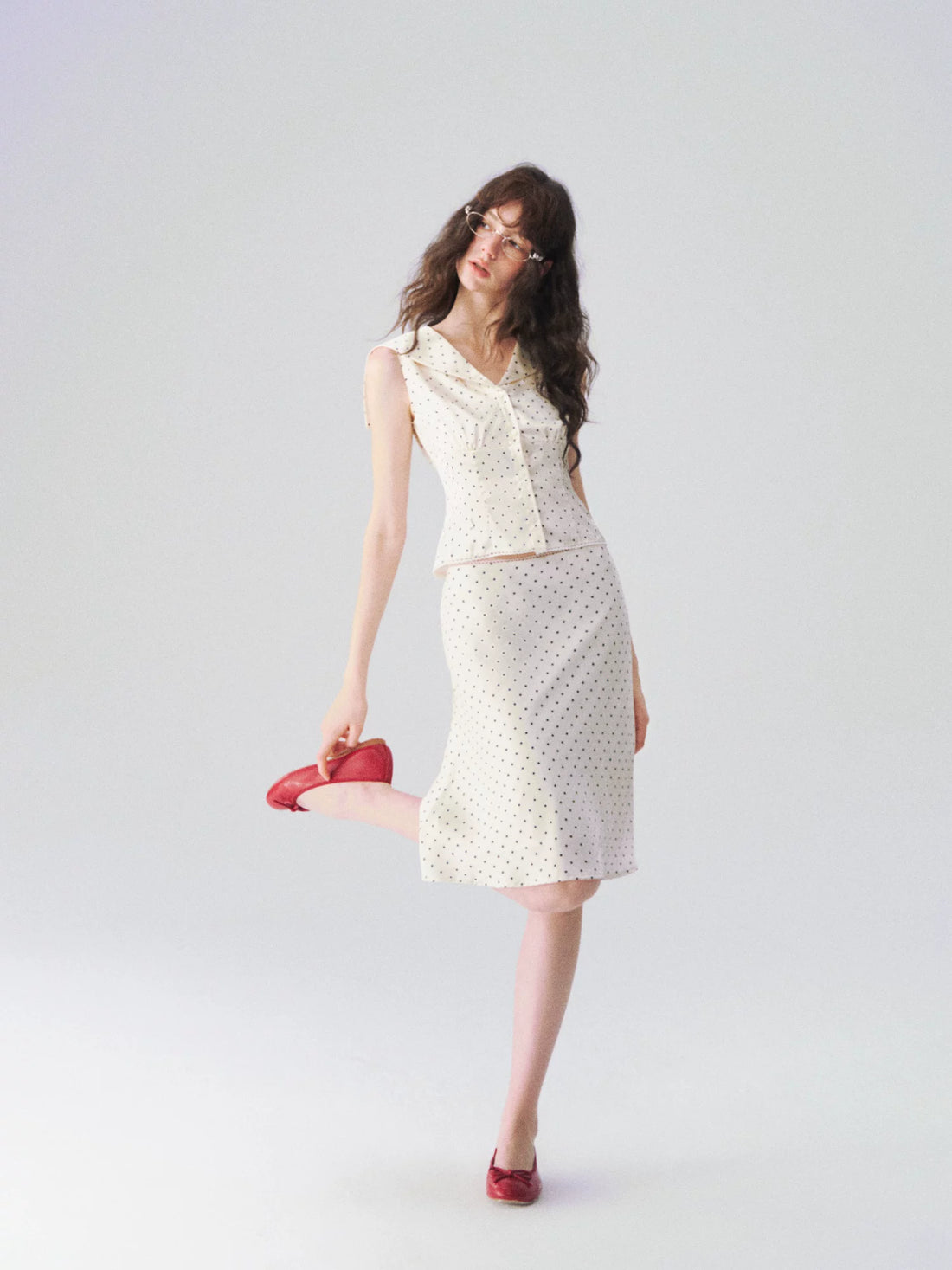 Collar Cinched Top &amp; French A-line Midi Skirt Set