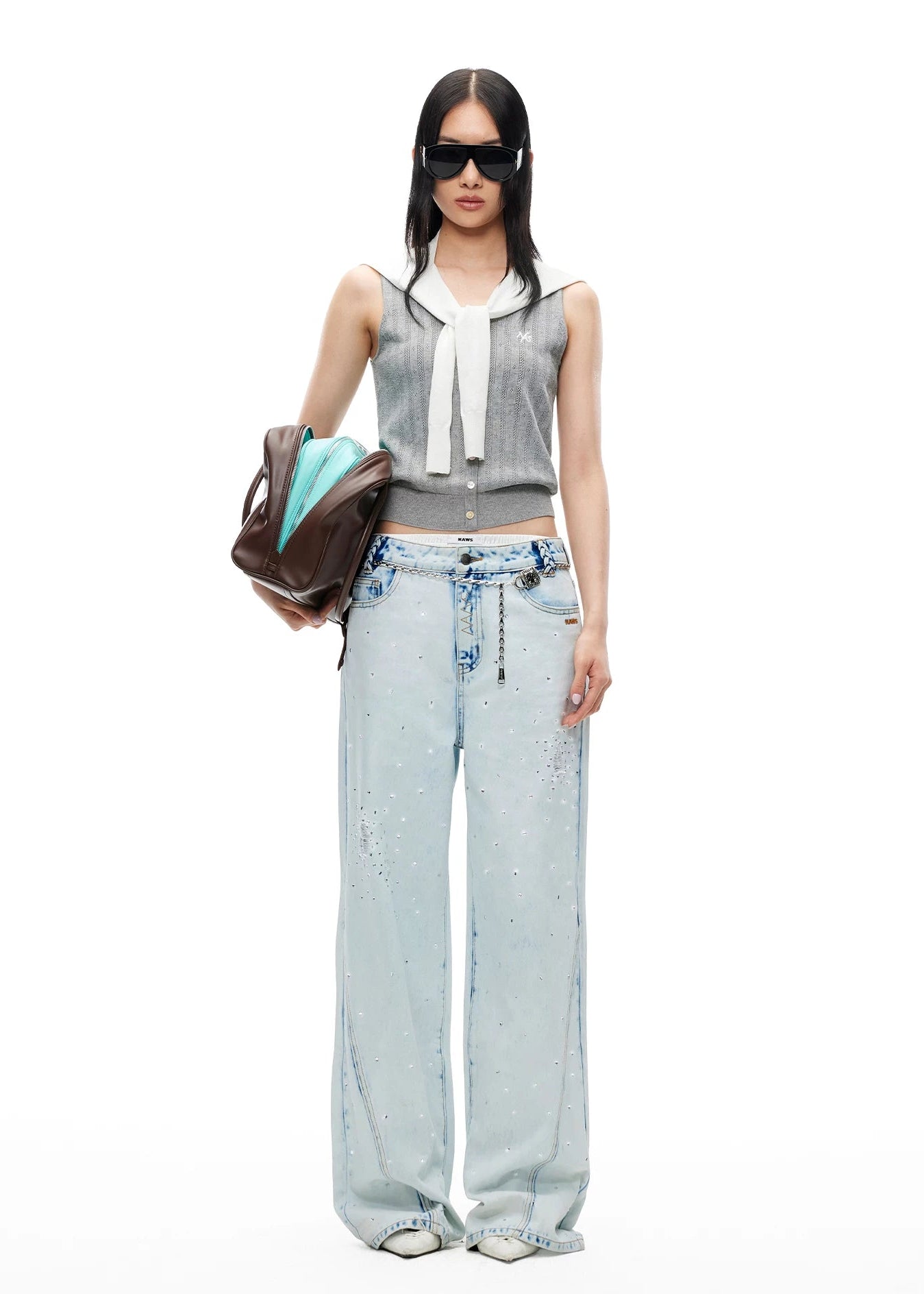 Shimmering Distressed Wide-Leg Jeans