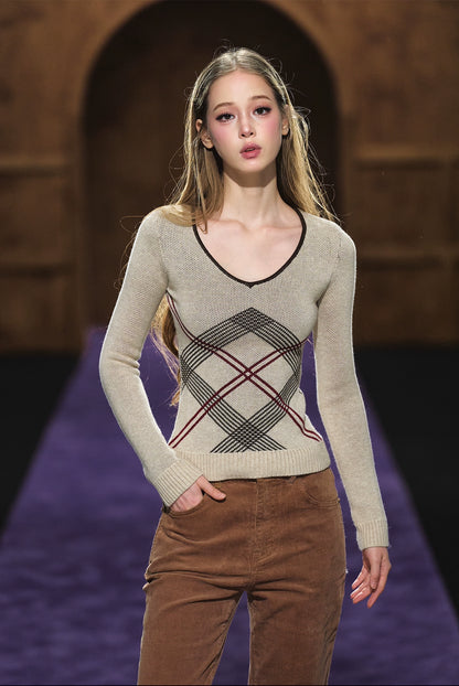 Vintage Check Contrast Slim-Fit Knit Crewneck