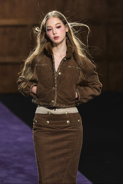 Corduroy Fur-Collar Jacket &amp; Skirt Set