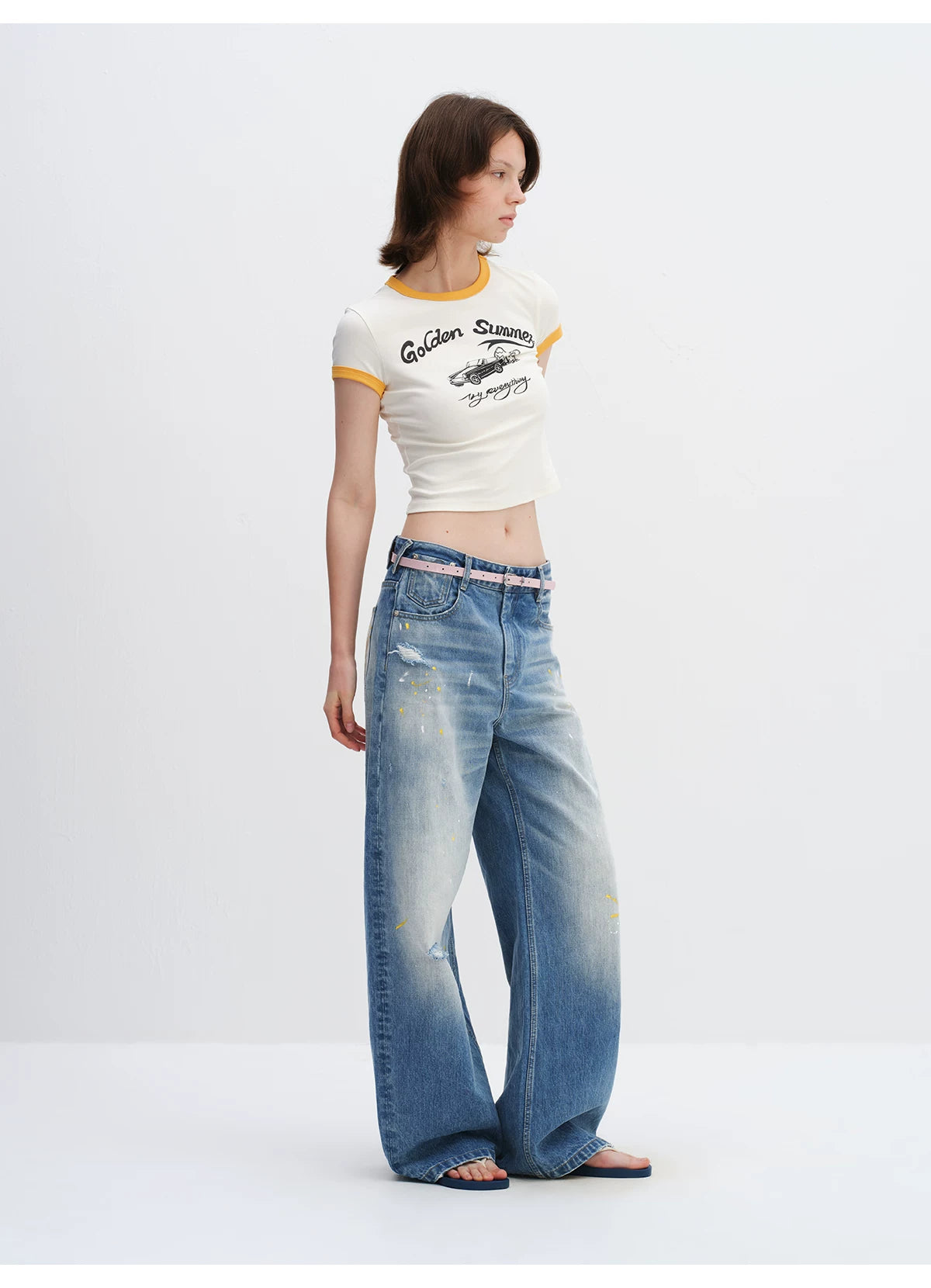 Washed Blue Curved-Leg Wide Denim Jeans