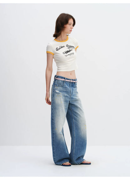 Washed Blue Curved-Leg Wide Denim Jeans