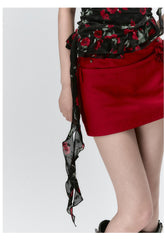 "I LOVE ME" Embroidered Rose Belt A-Line Mini Skirt - CHINASQUAD