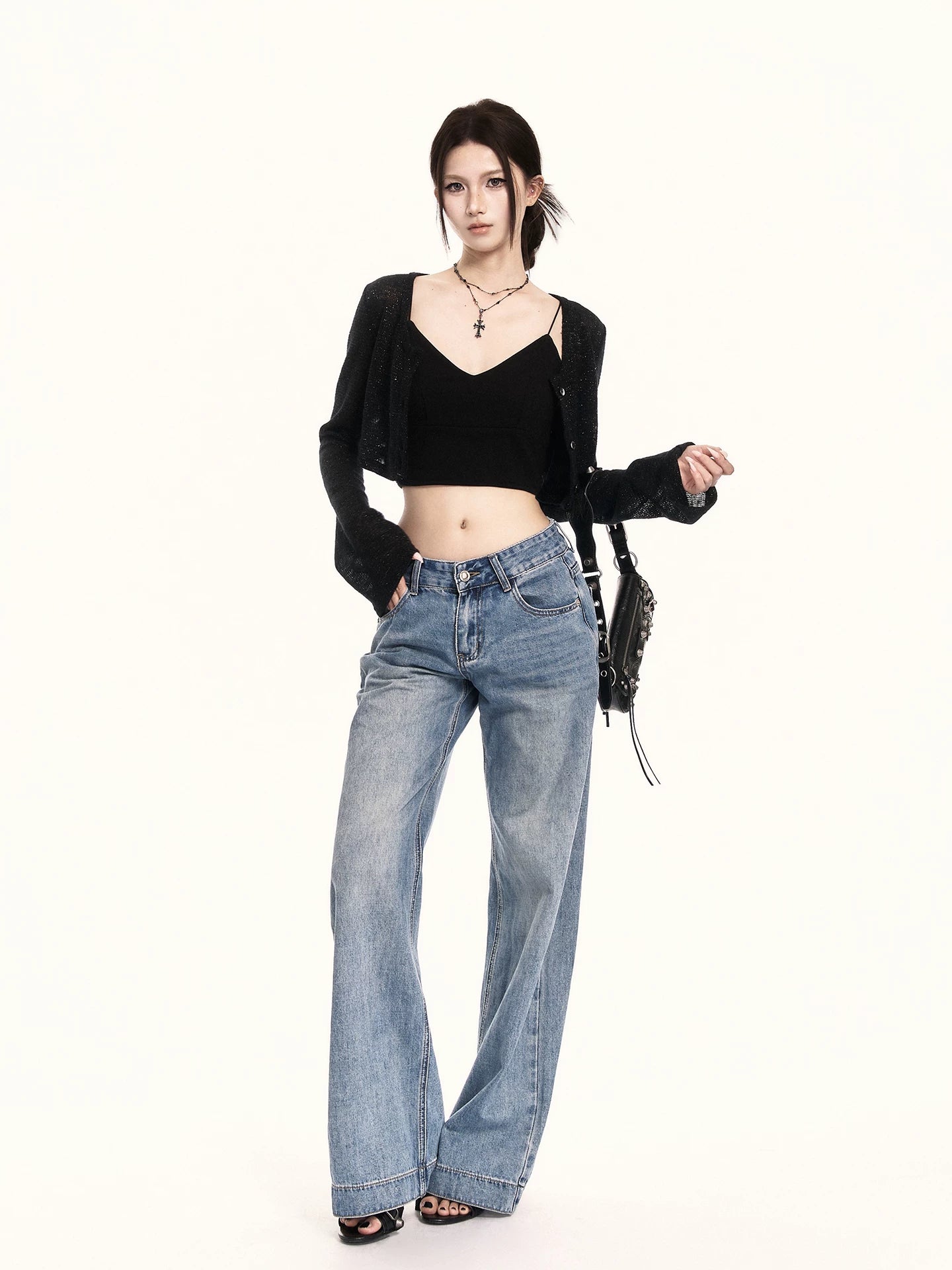 Minimal Black Sheer Knit Cropped Cardigan