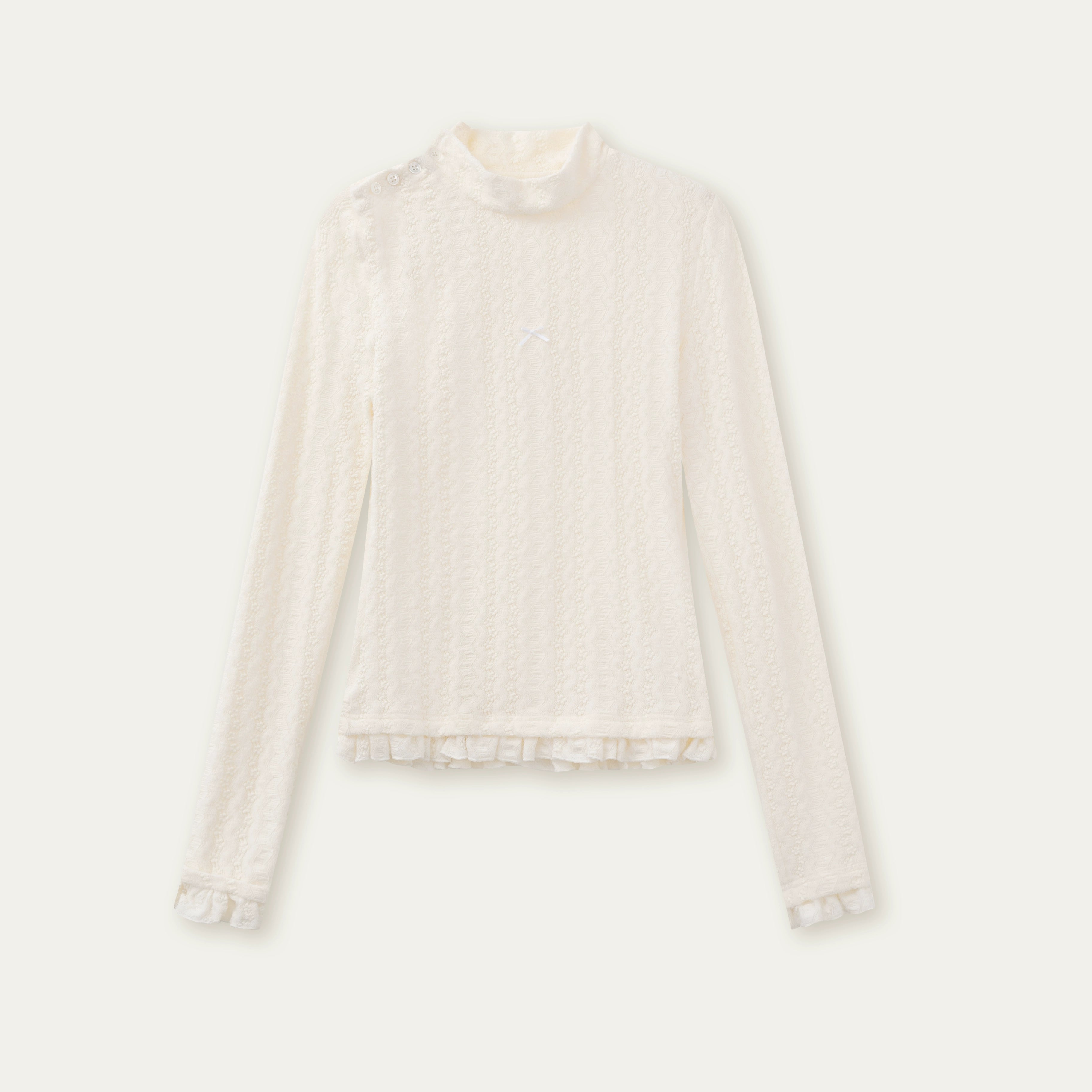 Layered Lace-Texture Mock Neck Knit T-Shirt