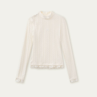 Layered Lace-Texture Mock Neck Knit T-Shirt