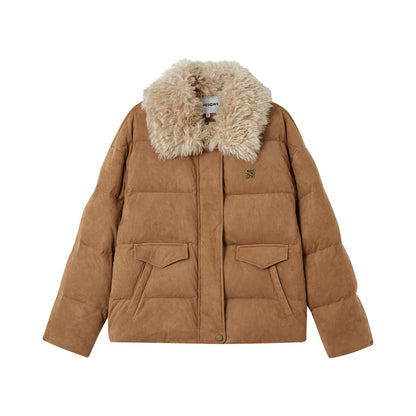 Faux Fur Collar Suede-Panel Down Jacket