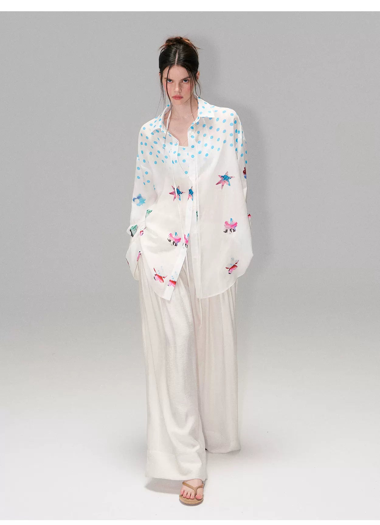 Vintage Contrast Polka Dot Silk-Linen Relaxed Shirt with Halterneck Top