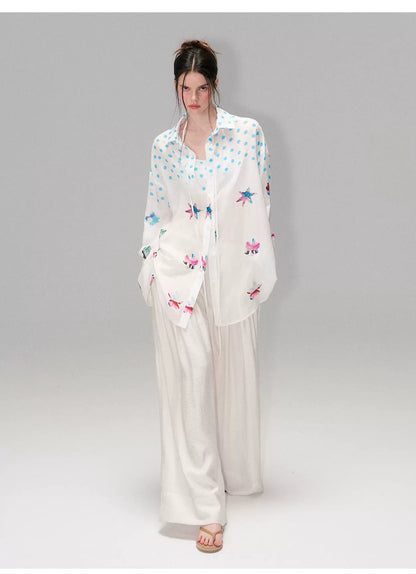 Vintage Contrast Polka Dot Silk-Linen Relaxed Shirt with Halterneck Top