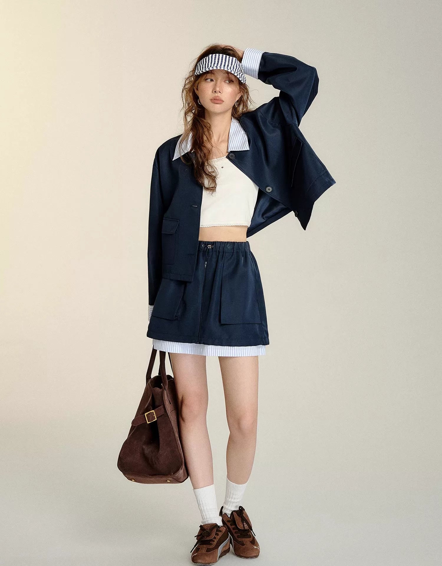 Navy Blue Faux Two-piece Striped Jacket