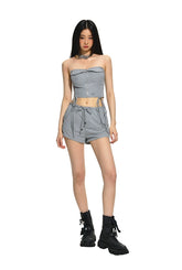 Gray & Black Mid-Waist Vintage Casual Shorts - CHINASQUAD