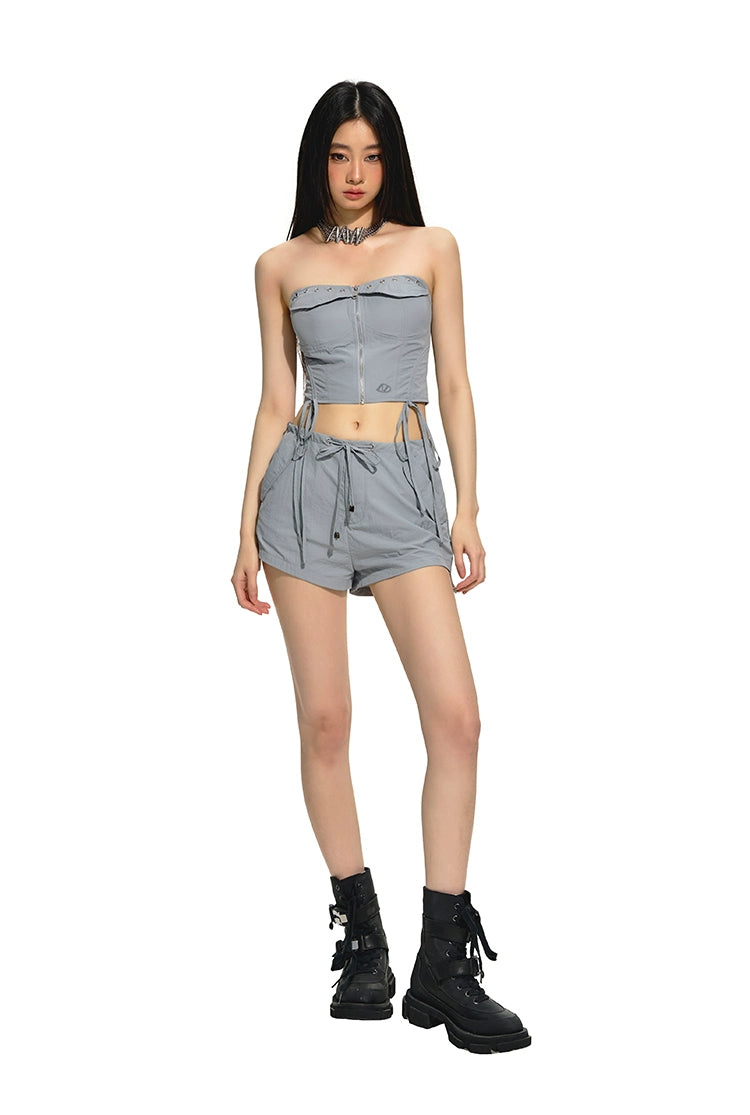 Gray &amp; Black Mid-Waist Vintage Casual Shorts - CHINASQUAD