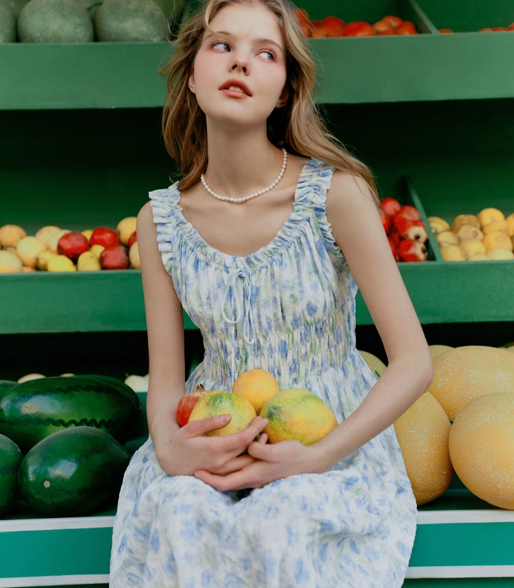 Blue Floral Lace-trimmed Spaghetti Strap Dress