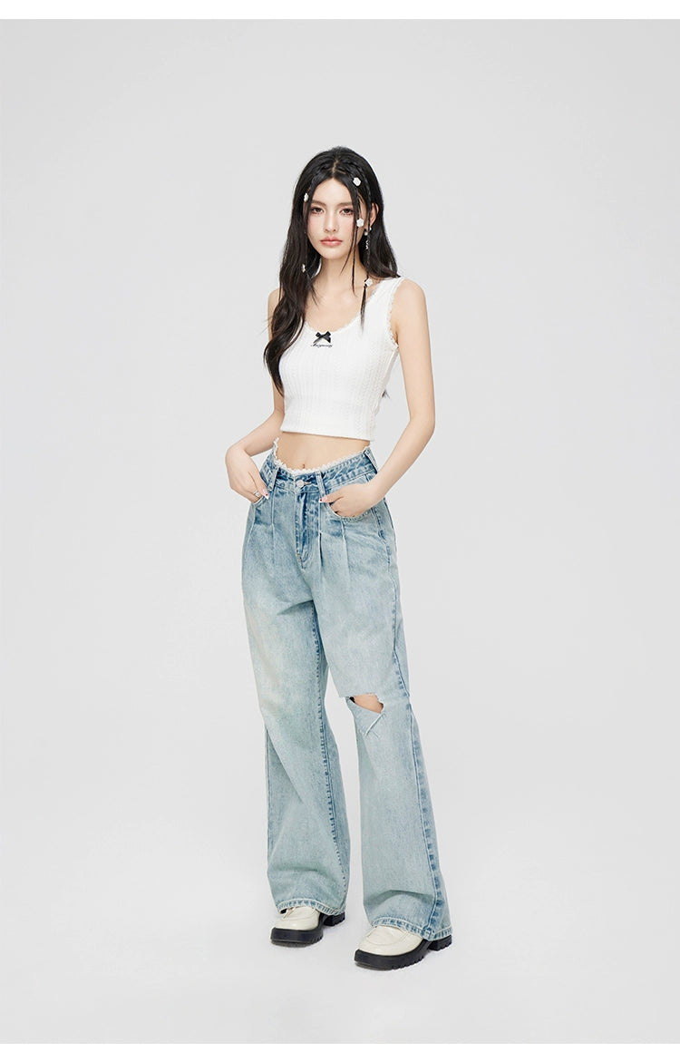 White &amp; Blue Lace Jeans Wide-leg Pants - CHINASQUAD