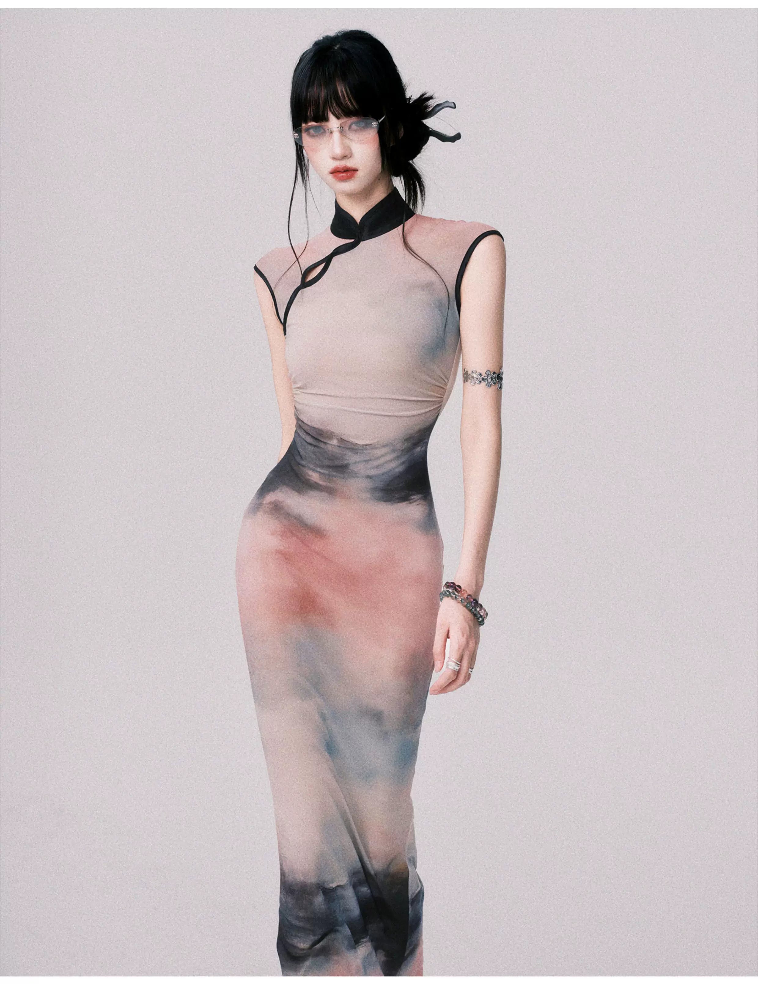 Stretch Mesh Cheongsam Maxi Dress