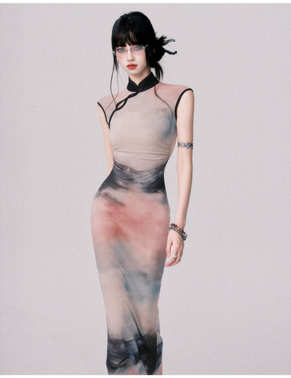 Stretch Mesh Cheongsam Maxi Dress