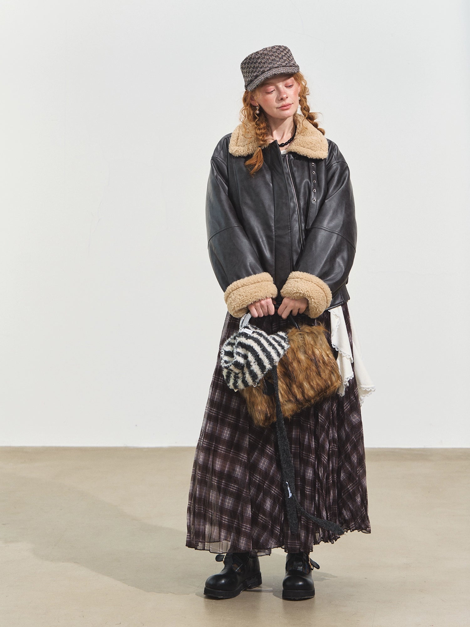 Lamb Wool Collar Faux Leather Biker Jacket