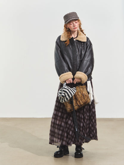 Lamb Wool Collar Faux Leather Biker Jacket