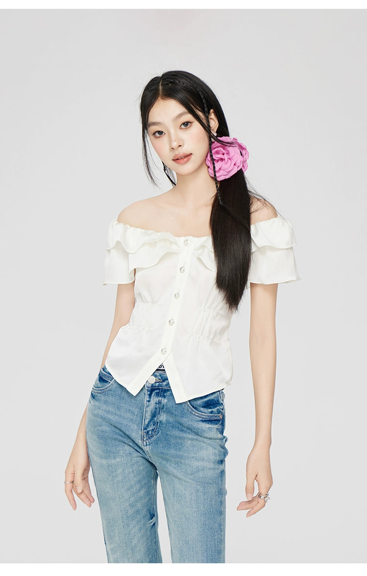 White Ruffled Square Shoulder Shirt - CHINASQUAD