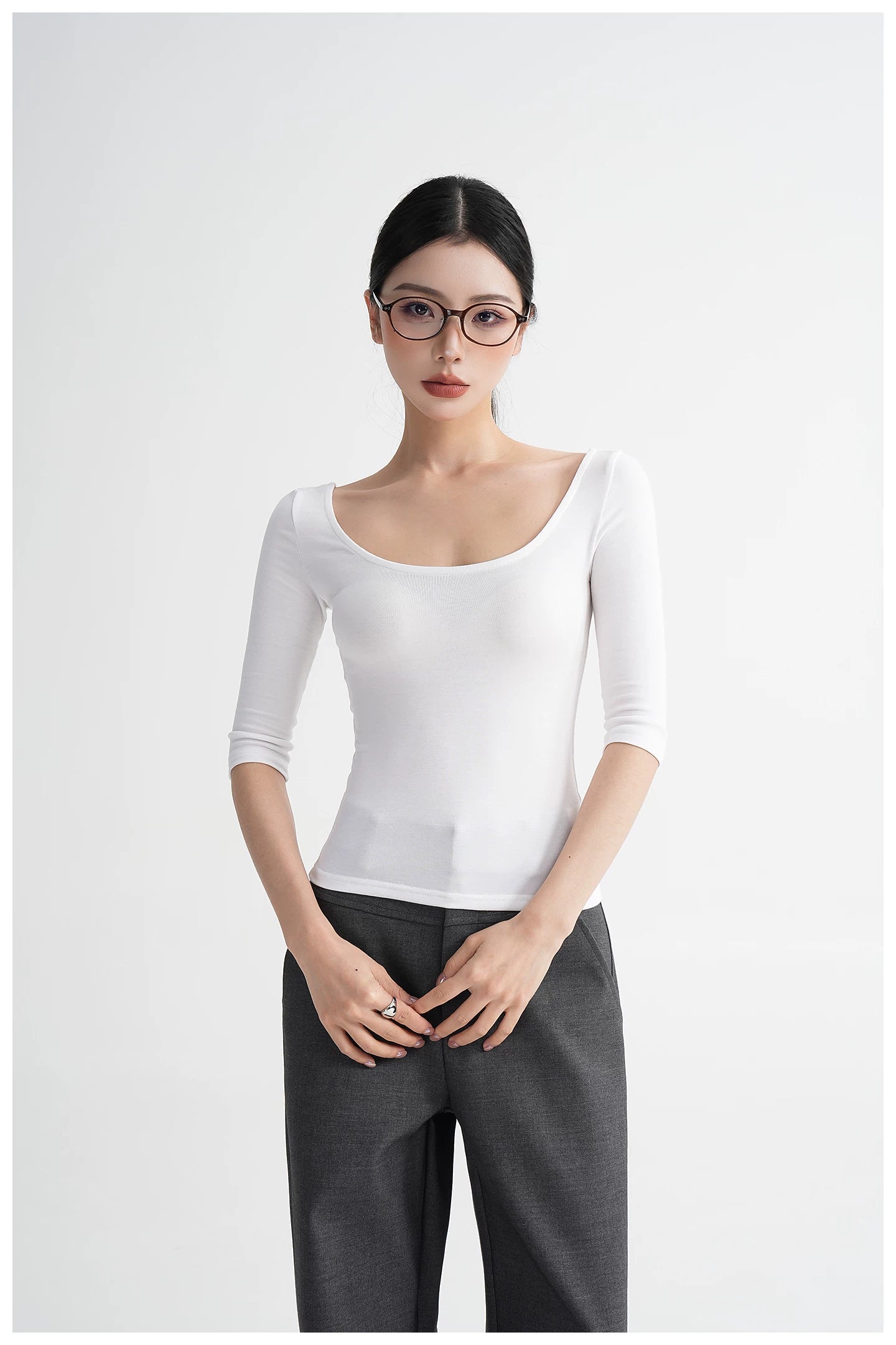 Lyocell Open-Back Fitted Mid-Sleeve T-Shirt