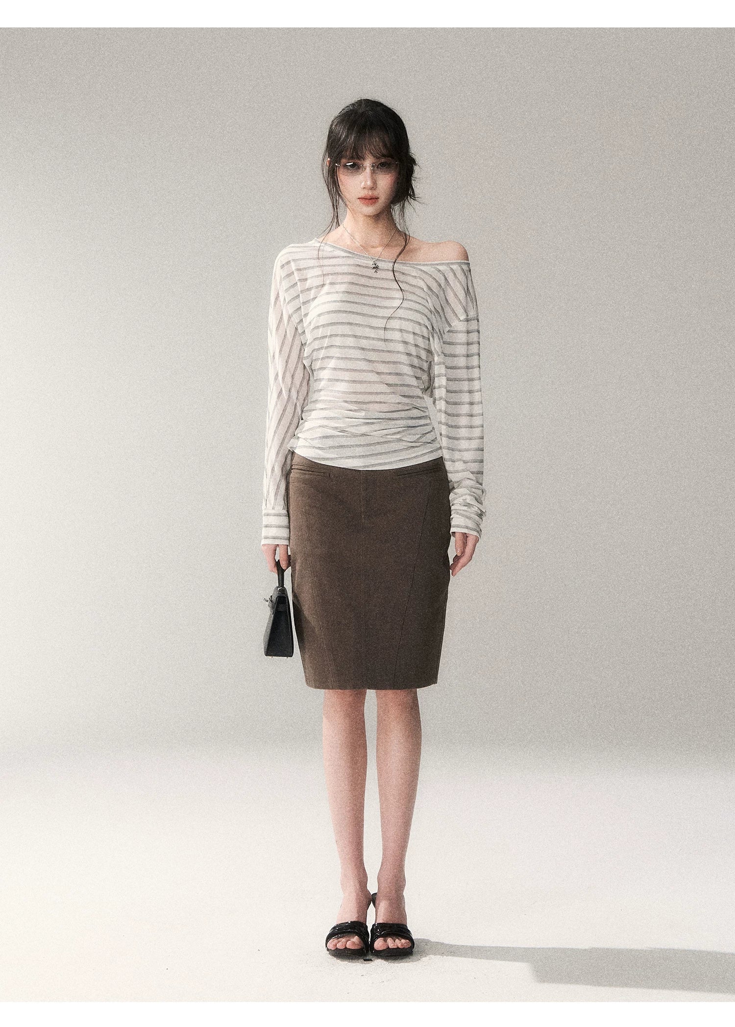 Asymmetric Off-Shoulder Striped Tencel Slim-Fit Long Sleeve Top
