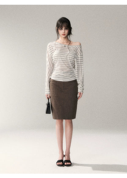 Asymmetric Off-Shoulder Striped Tencel Slim-Fit Long Sleeve Top